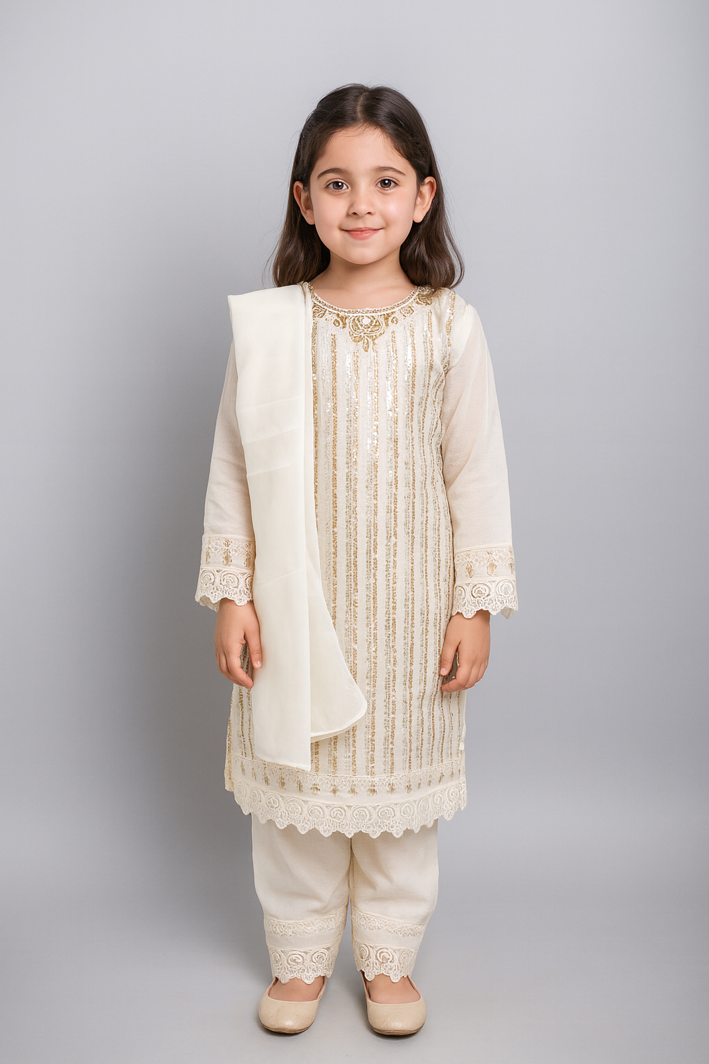 Elegant Cream & Gold Embroidered Kurta Set for Girls – Festive, Wedding & Party Wear