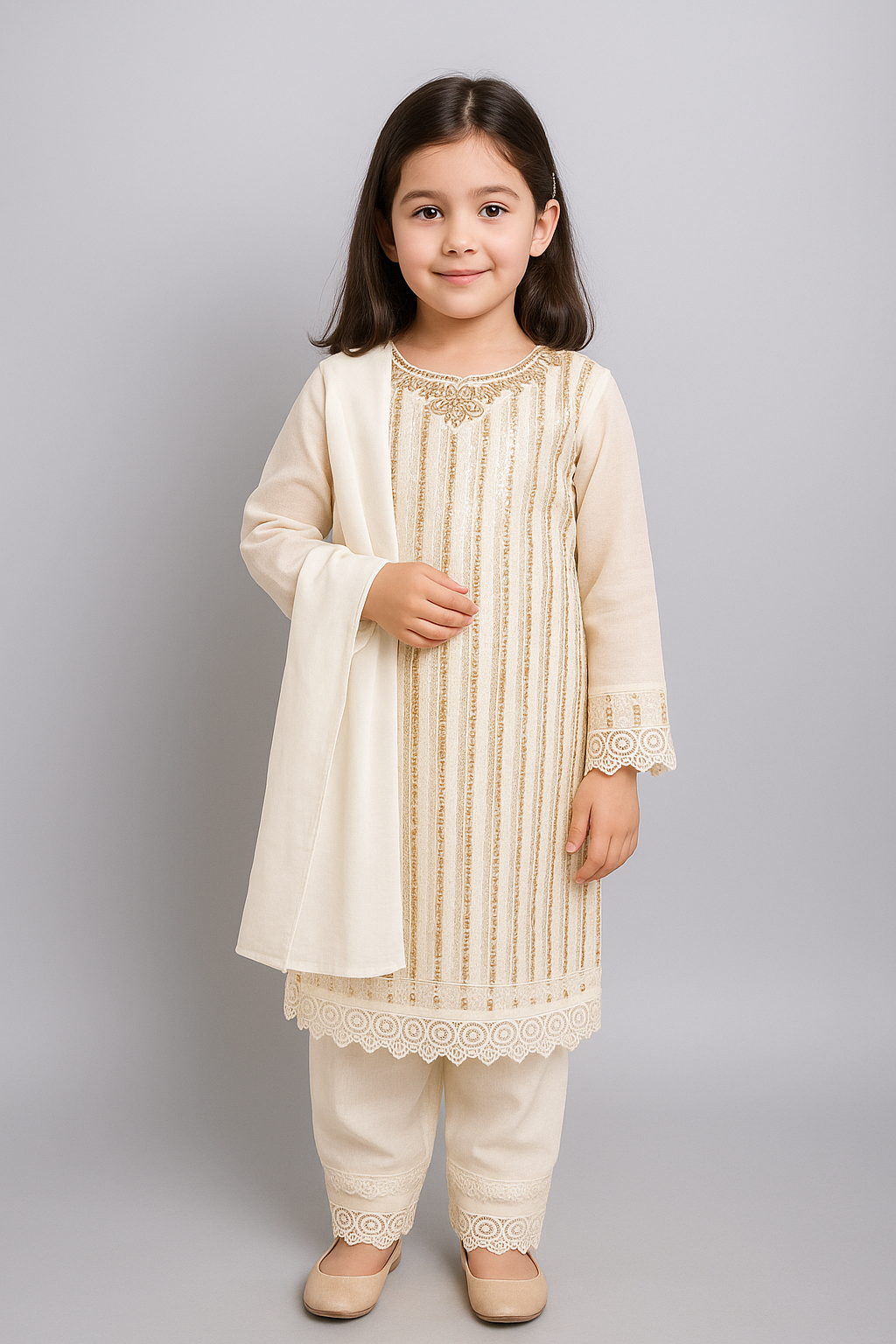 Elegant Cream & Gold Embroidered Kurta Set for Girls – Festive, Wedding & Party Wear
