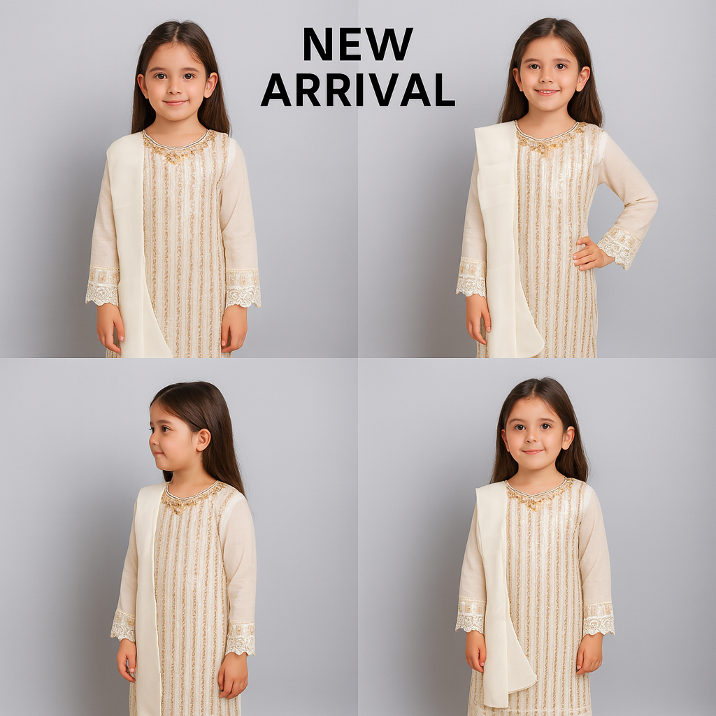Elegant Cream & Gold Embroidered Kurta Set for Girls – Festive, Wedding & Party Wear